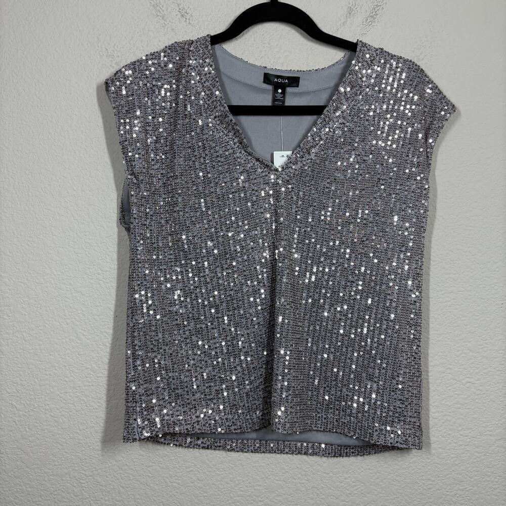 Aqua Womens Small Gunmetal Gray Sequin Cap Sleeve Top V Neck Shimmer Sparkly